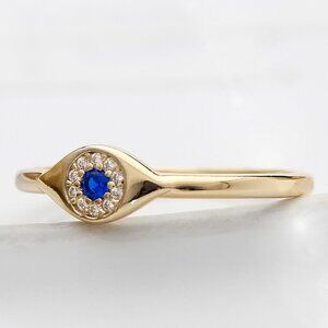 Evil Eye Ring with Cubic Zirconia, Blue and White CZ Stoned Protection Ring Sz 7